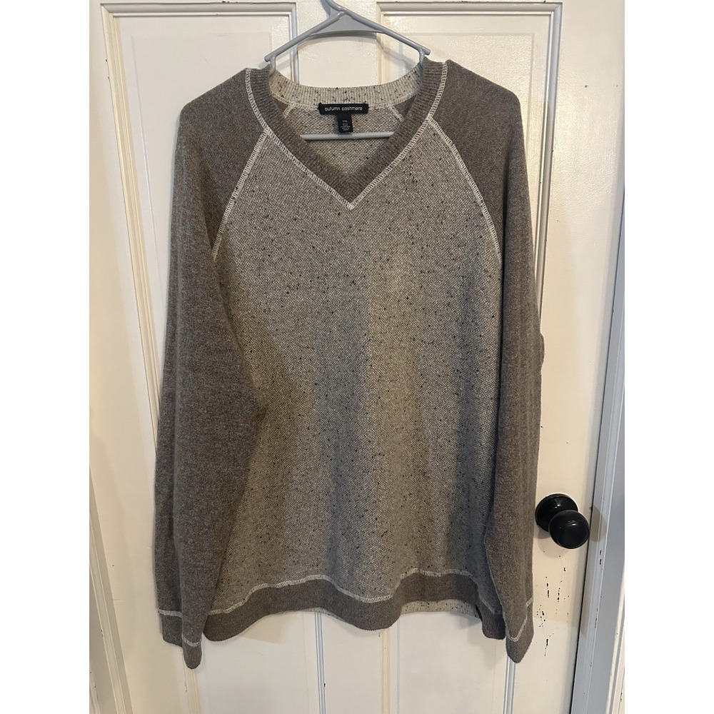 Autumn Cashmere Men's size XXL Beige Brown V-Neck Cashmere Sweater Pullover‎